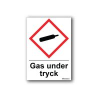 Faropiktogramskylt med farosymbol och text: Gas under tryck