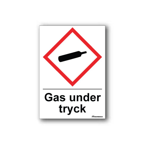 Faropiktogramskylt med farosymbol och text: Gas under tryck